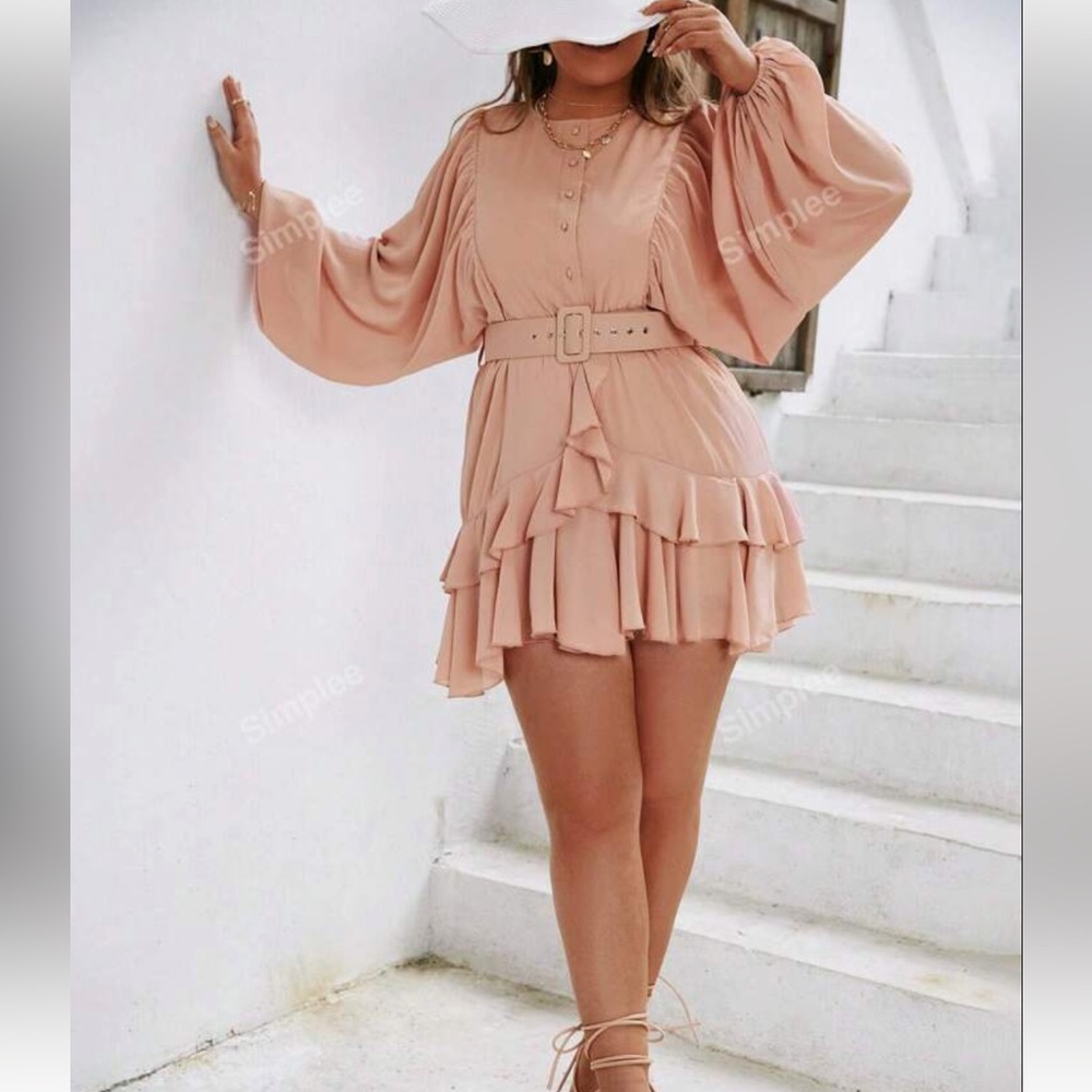 Plus Swiss Dot Lantern Sleeve Ruffle Trim Dress With Belt